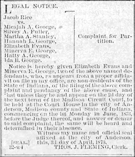 Elizabeth Evans and Minerva George mentioned in an 1873 newspaper legal notice